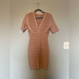 Herve Leger size small pink beige v-neck bodycon dress authentic